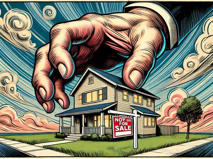 A giant hand reaches down toward a house with a 'Not For Sale' sign, symbolizing the concept of condemnation or eminent domain.