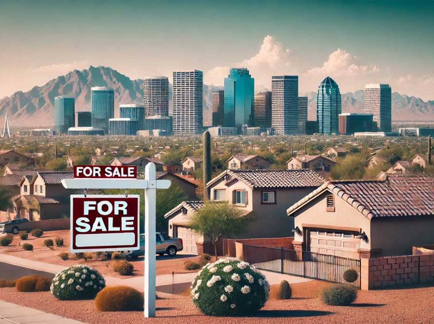 A panoramic view of the Phoenix metropolitan area with skyscrapers and suburban houses in the foreground, featuring 'For Sale' signs, representing the current real estate market.